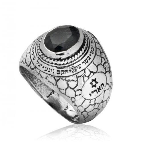 Man's Silver Kabbalah Ring with Snake Design, Ana Bekoach and Black Onyx - Ha'ari
