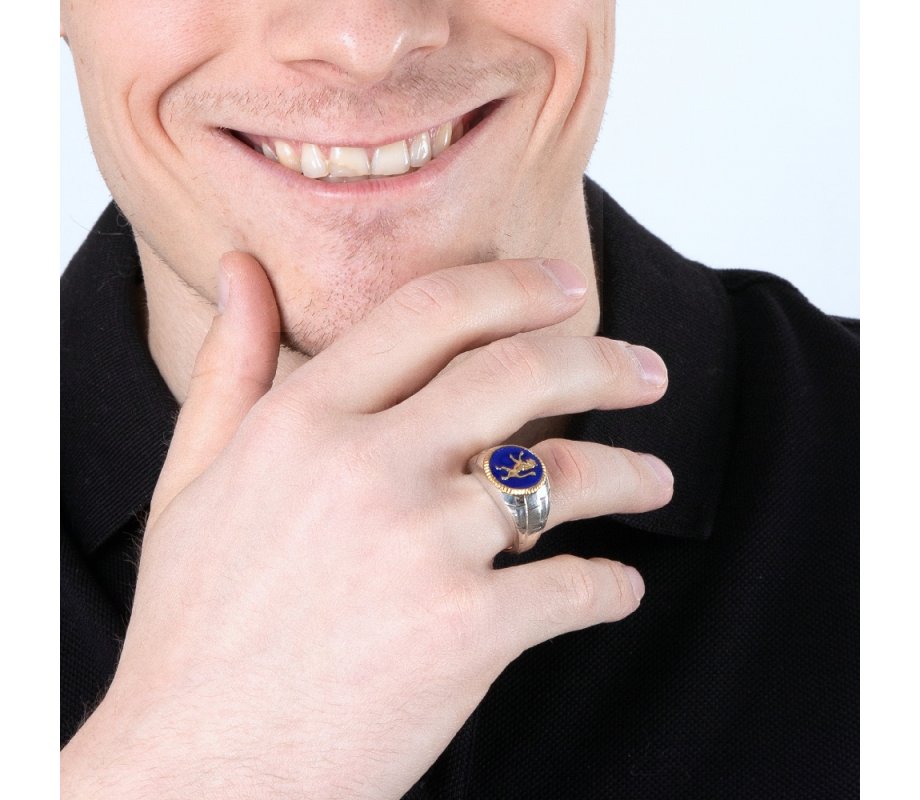 Man's Sterling Silver and Gold Plated Ring – Blue Enamel with Lion of Judah