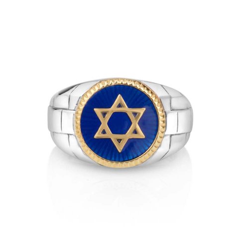 Man's Sterling Silver and Gold Plated Ring with Blue Enamel - Star of David