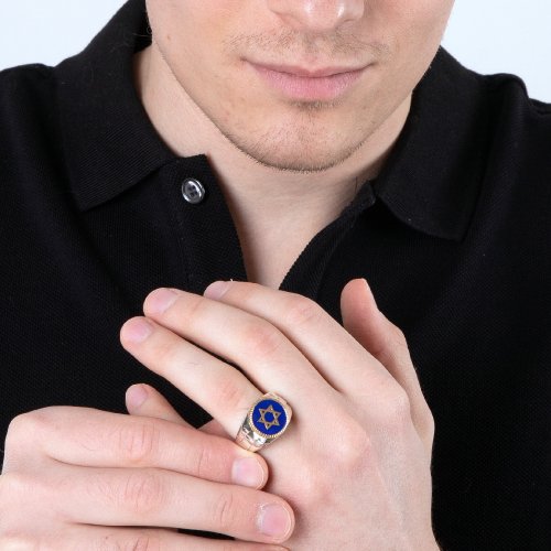 Man's Sterling Silver and Gold Plated Ring with Blue Enamel - Star of David