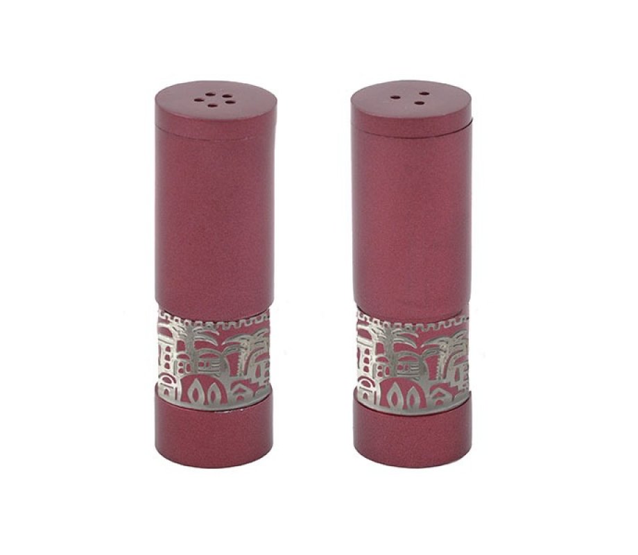 Maroon Aluminum Salt and Pepper Set with Ornate Jerusalem Band - Yair Emanuel