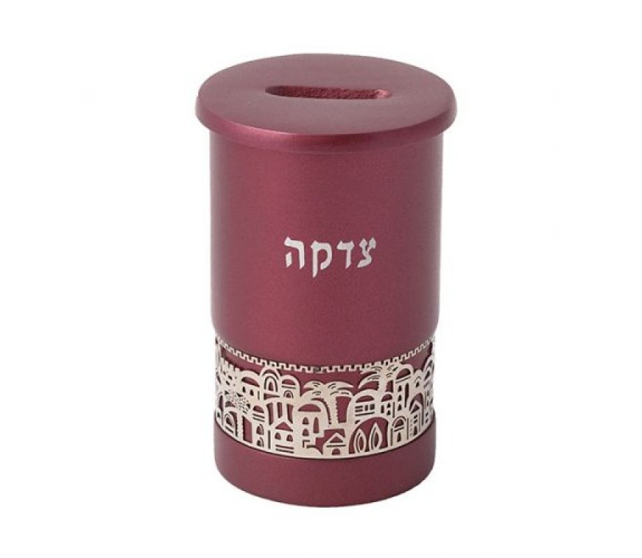 Maroon Cylinder Charity Tzedakah Box, Cutout Jerusalem Images - Yair Emanuel