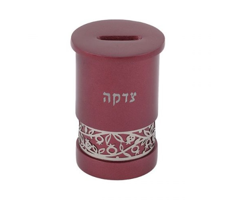 Maroon Cylinder Charity Tzedakah Box, Cutout Pomegranates - Yair Emanuel