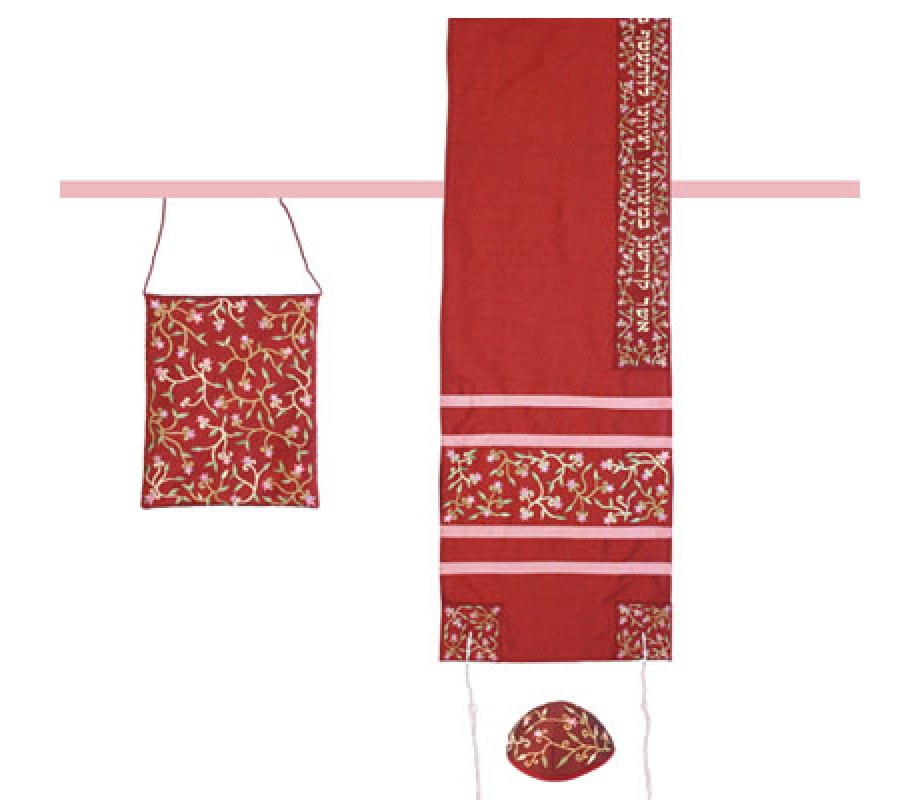 Maroon Polysilk TalliSack Tallit Set with Embroidered Flowers - Yair Emanuel