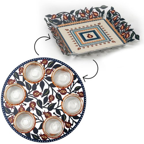 Matching Seder Plate and Matzah Tray, Colorful Pomegranates - Dorit Judaica