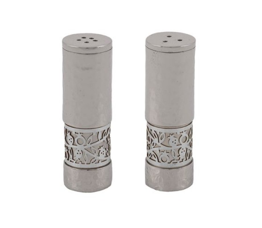 Matt and Hammered Salt and Pepper Shaker with Pomegranate Band, Silver - Yair Emanuel