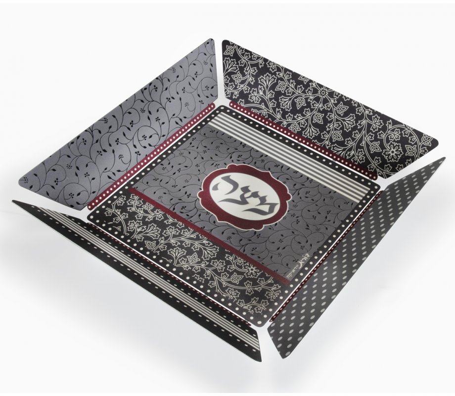 Matzah Tray with Flower and Leaf Design, Maroon and Black - Dorit Judaica