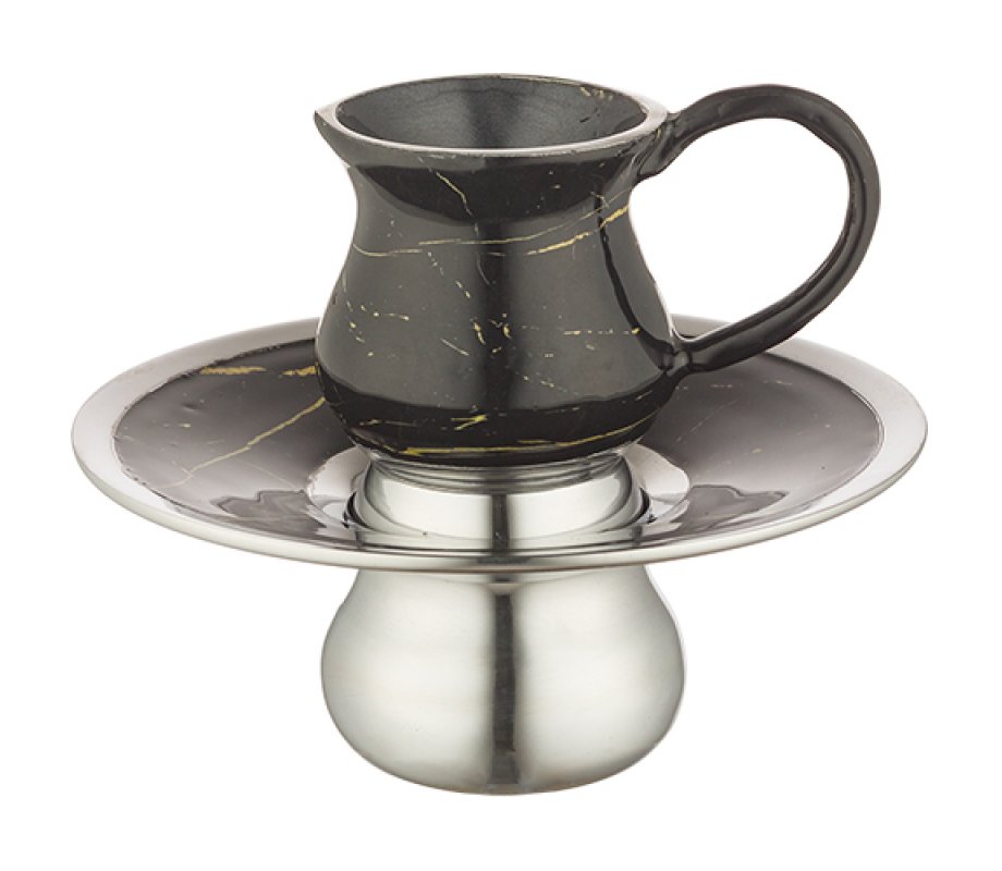 Mayim Achronim Two-Piece Set, Black Jug with Gold Marble Streaks, Silver Bell Base