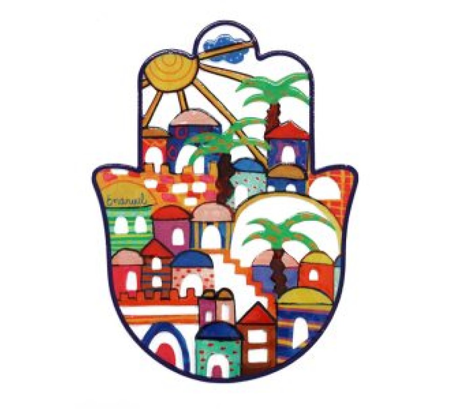 Medimum Handmade Wall Hamsa with Enamel Finish, Jerusalem Images - Yair Emanuel