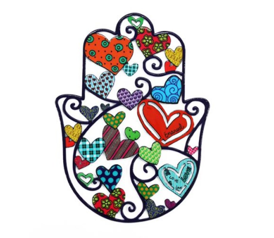 Medium Handmade Wall Hamsa with Enamel Finish, Colorful Hearts – Yair Emanuel