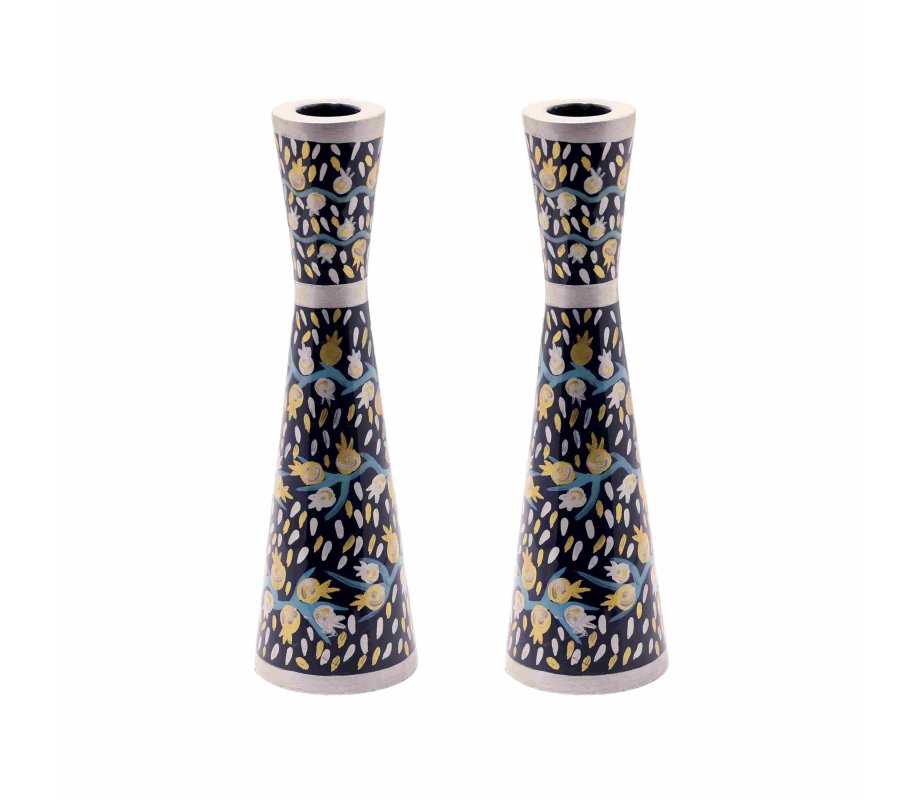 Medium Stainless Steel Blue Pomegranates Metal Candlesticks - Yair Emanuel