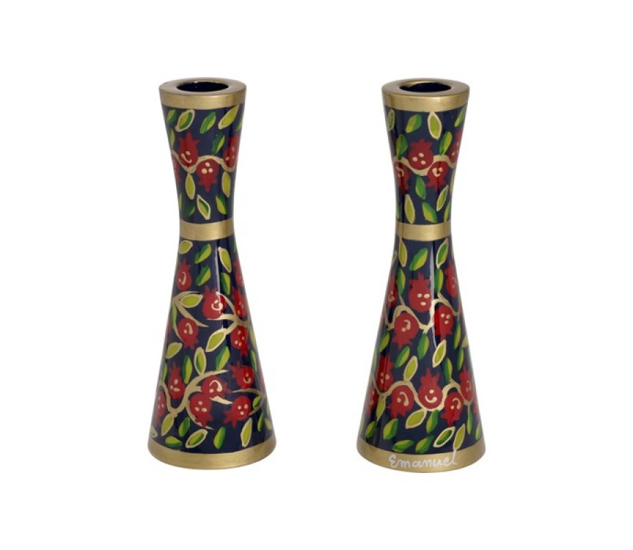 Medium Stainless Steel Red Pomegranates Metal Candlesticks - Yair Emanuel