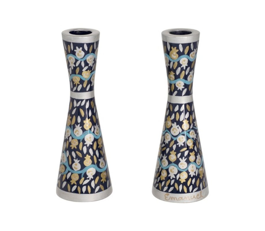 Medium Stainless Steel Silver Pomegranates on Blue Metal Candlesticks - Yair Emanuel