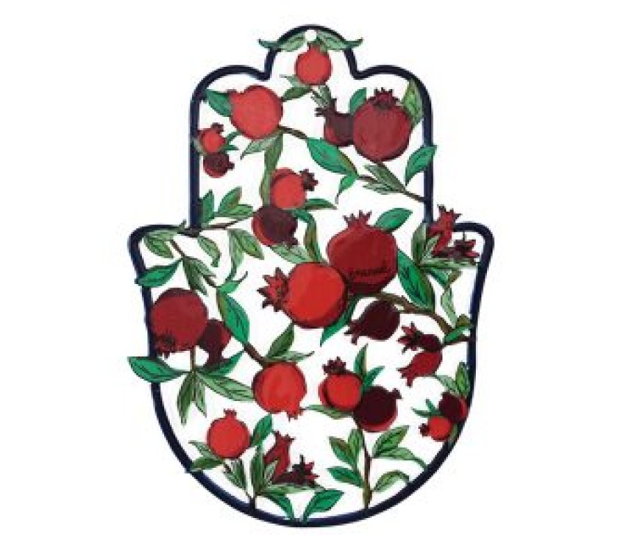 Medium Wall Hamsa, Handmade with Enamel Finsih, Red Pomegranates Design - Yair Emanuel