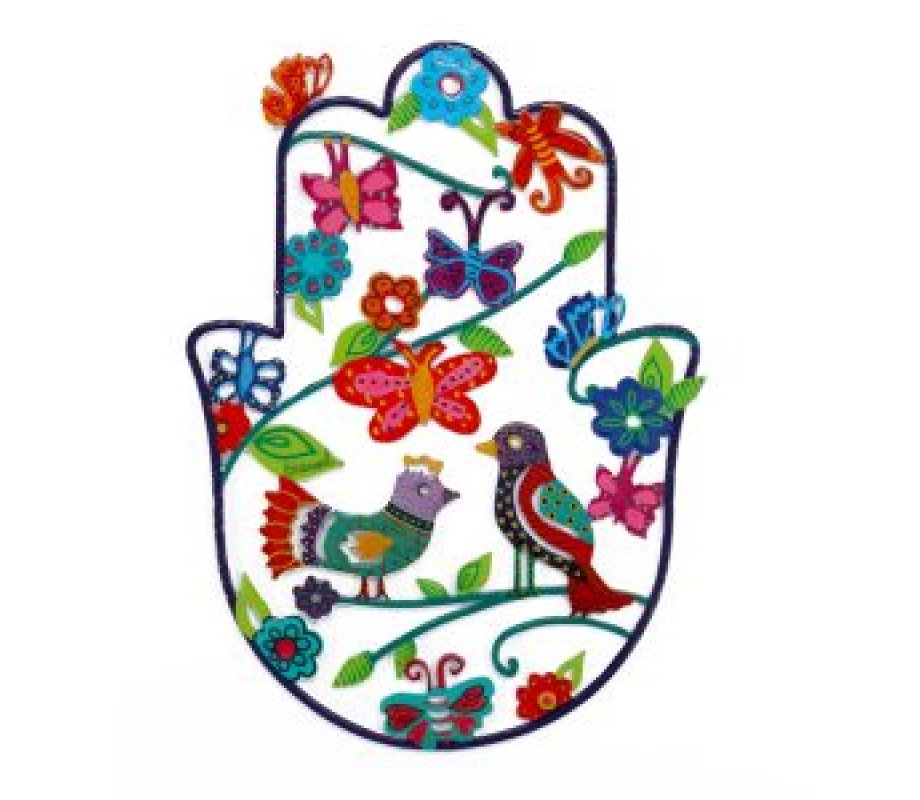 Medium Wall Hamsa with Enamel Finish, Colorful Pastoral Scene - Yair Emanuel