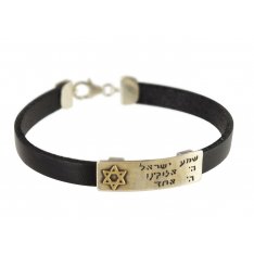 Men Leather Bracelet with Sterling Silver Hebrew Shema Prayer & Gold Star of David - Studio Golan