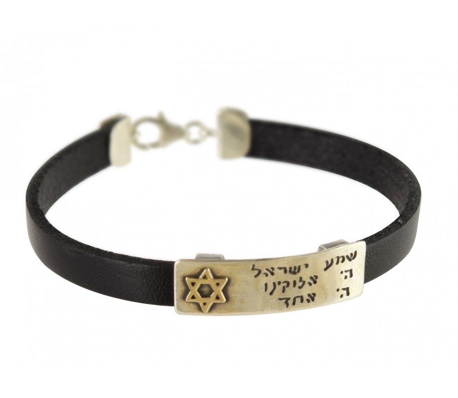 Men Leather Bracelet with Sterling Silver Hebrew Shema Prayer & Gold Star of David - Studio Golan
