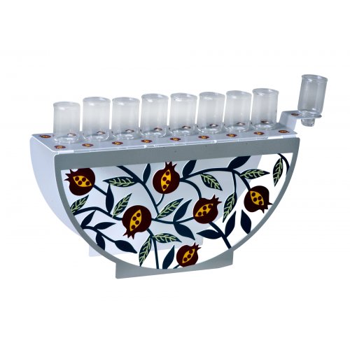 Menorah for Oil with Decorative Arc Front - Colorful Pomegranates by Dorit Judaica