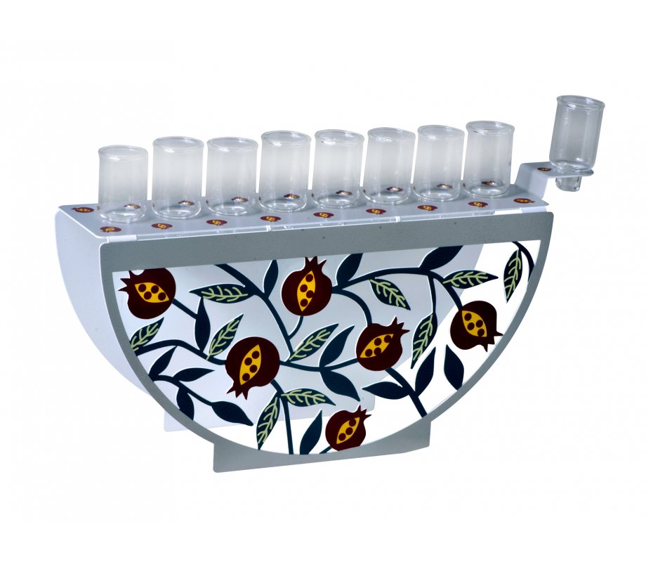 Menorah for Oil with Decorative Arc Front - Colorful Pomegranates by Dorit Judaica