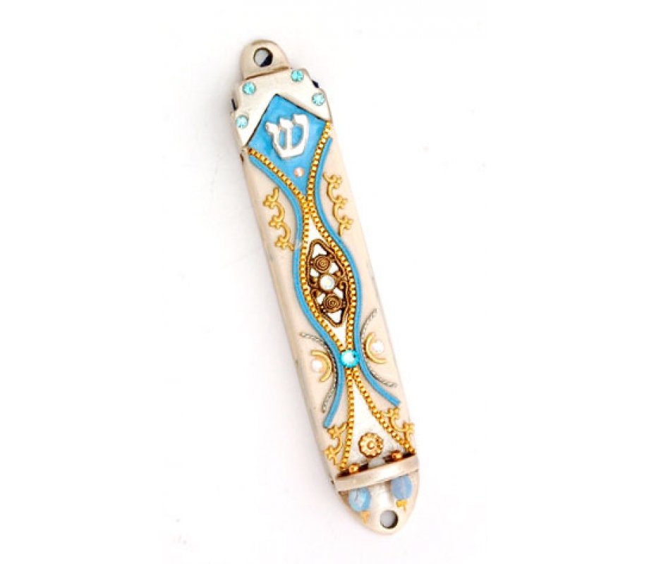 Metal Bead Turquoise Pewter Mezuzah Case - Ester Shahaf
