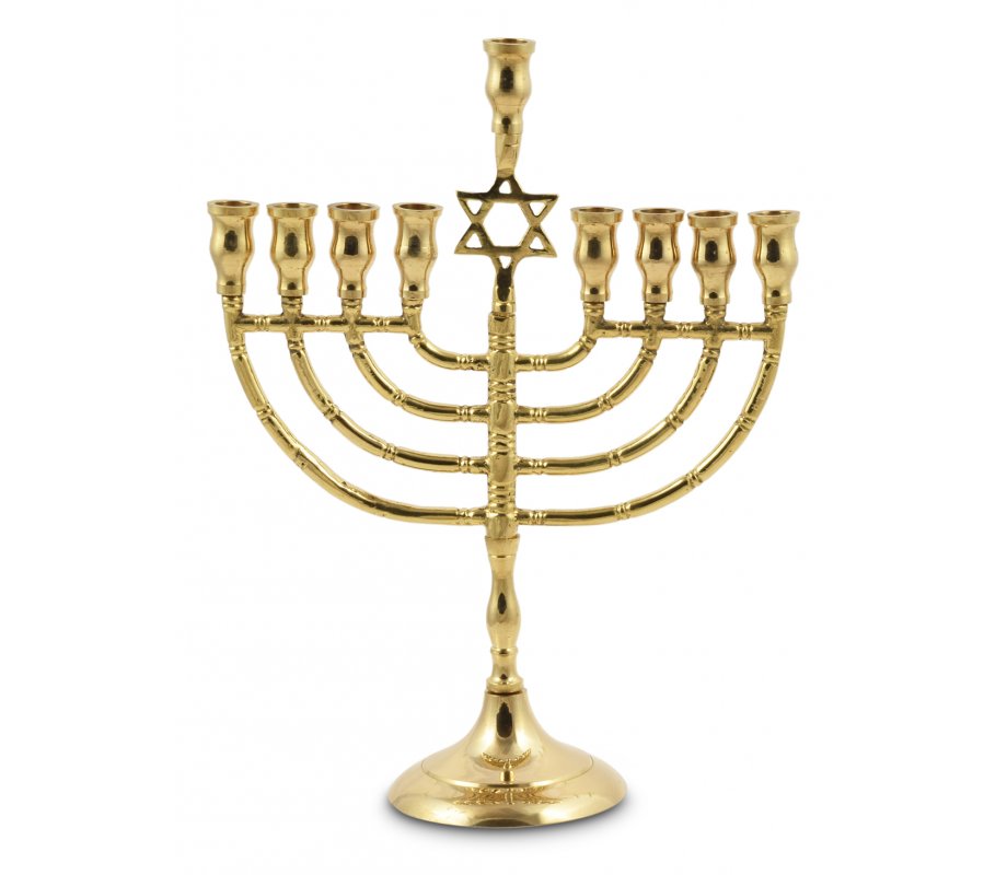 Metal Gold Chanukah Menorah and Star of David, For Candles - 10 Inches