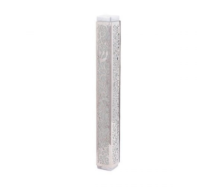 Mezuzah Case Cutout Pomegranate and Flowers, Silver - Yair Emanuel