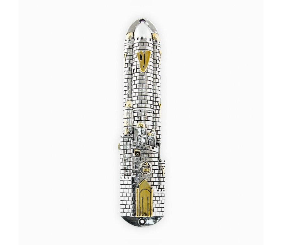 Mezuzah Case Jumbo Size, Jerusalem Design - Silver Plated, Gold Accents