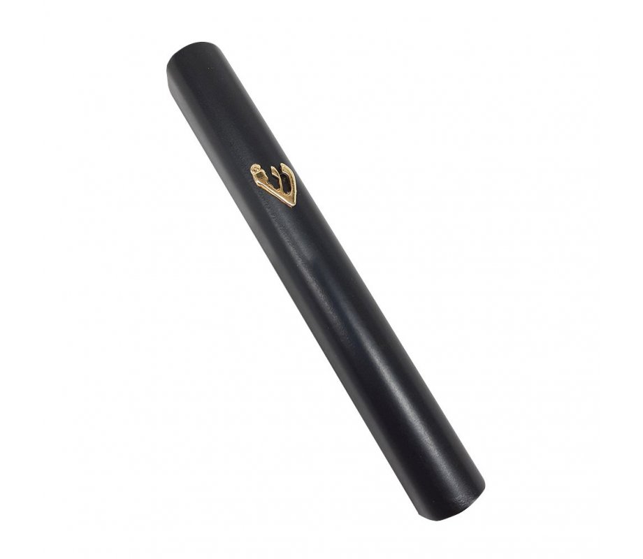 Mezuzah Case of Black Wood with Shin Letter of 24K Gold Plate