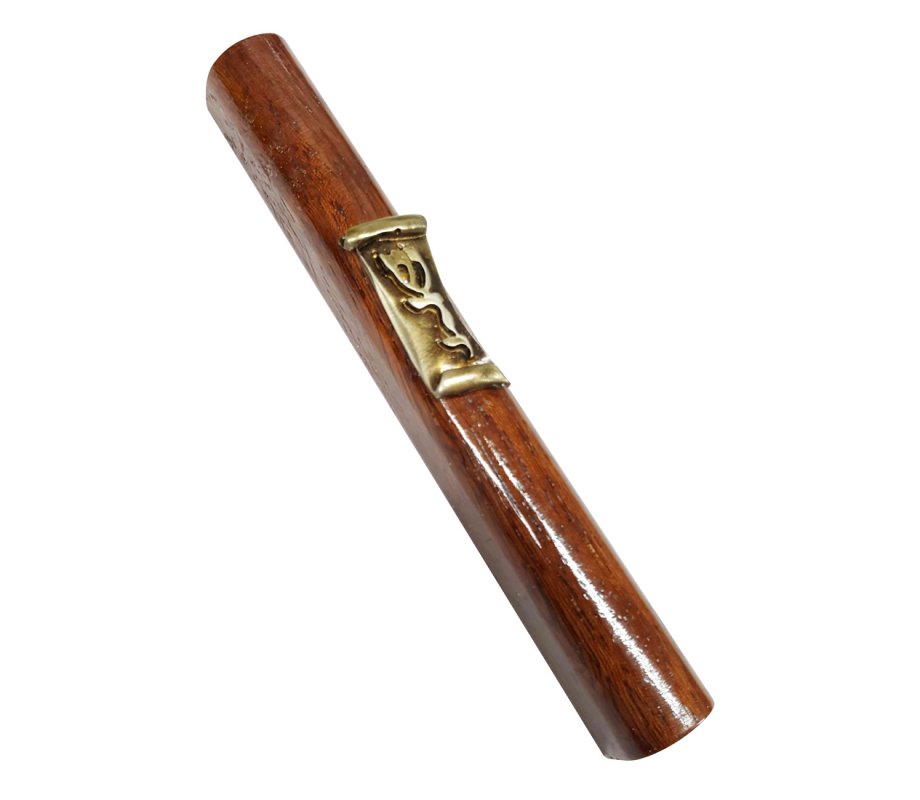 Mezuzah Case of Dark Brown Wood with Divine Name on Silver Pewter Scroll Plaque