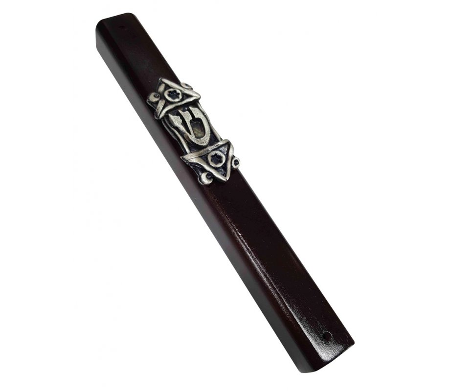 Mezuzah Case of Dark Brown Wood with Shin on Decorative Silver Pewter