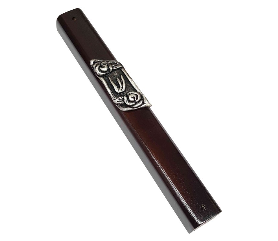 Mezuzah Case of Dark Brown Wood with Shin on Decorative Silver Pewter Plaque