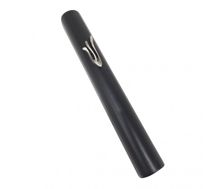 Mezuzah Case of Rounded Black Wood with Pewter Shin in Flame-style
