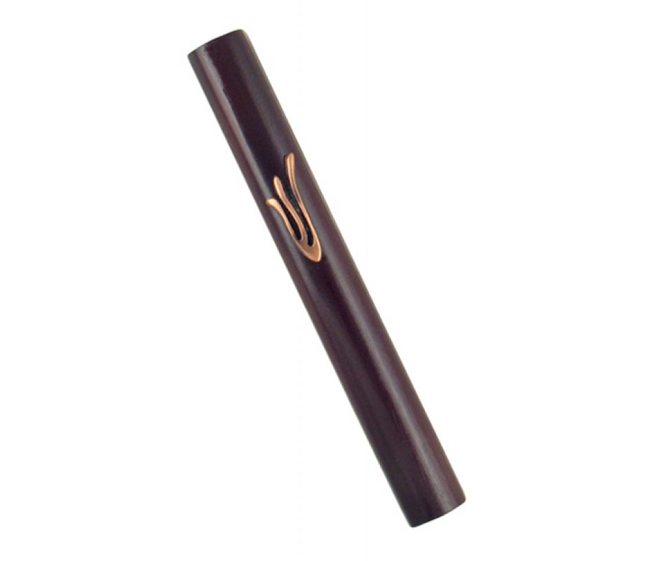 Mezuzah Case of Rounded Dark Brown Wood with Flame Shaped Shin in Bronze Pewter