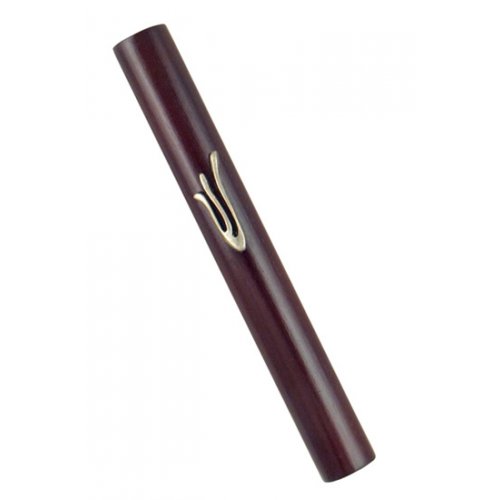Mezuzah Case of Rounded Dark Brown Wood with Flame Shaped Shin in Silver Pewter