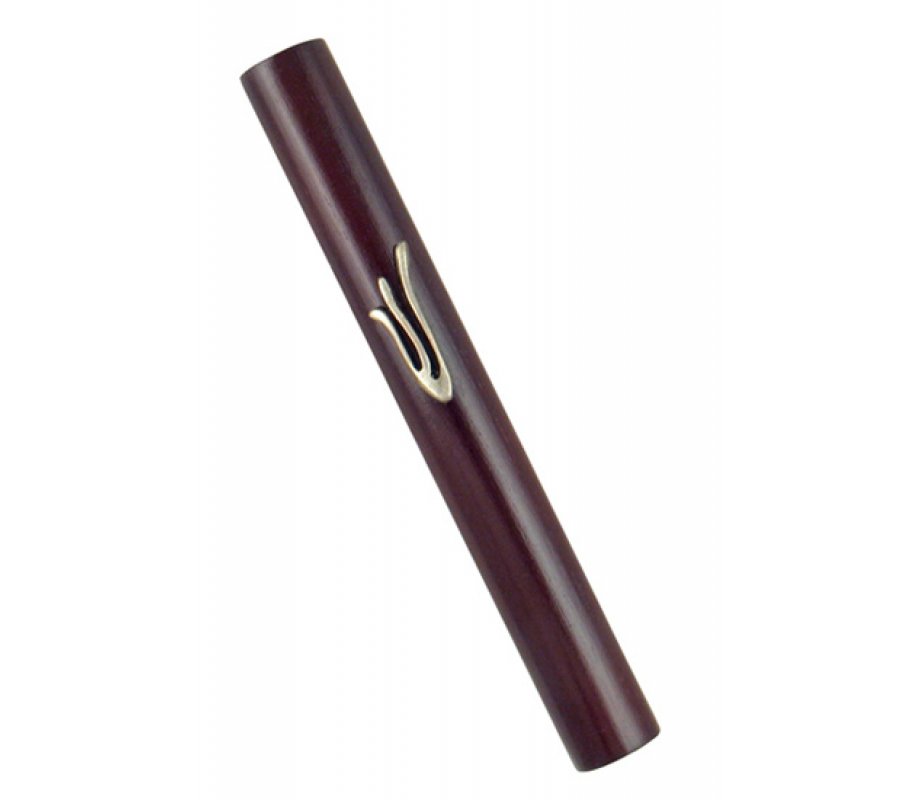 Mezuzah Case of Rounded Dark Brown Wood with Flame Shaped Shin in Silver Pewter
