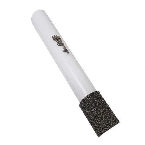 Mezuzah Case of Rounded White Wood with Divine Name and Filigree Design in Gold Pewter