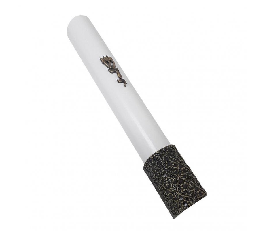 Mezuzah Case of Rounded White Wood with Divine Name and Filigree Design in Gold Pewter