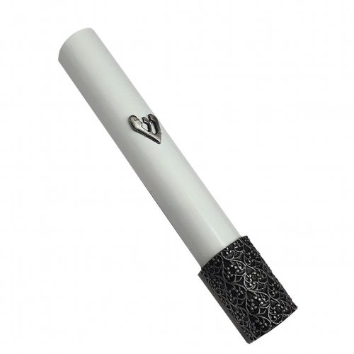 Mezuzah Case of Rounded White Wood with Shin and Filigree Design in Silver Pewter