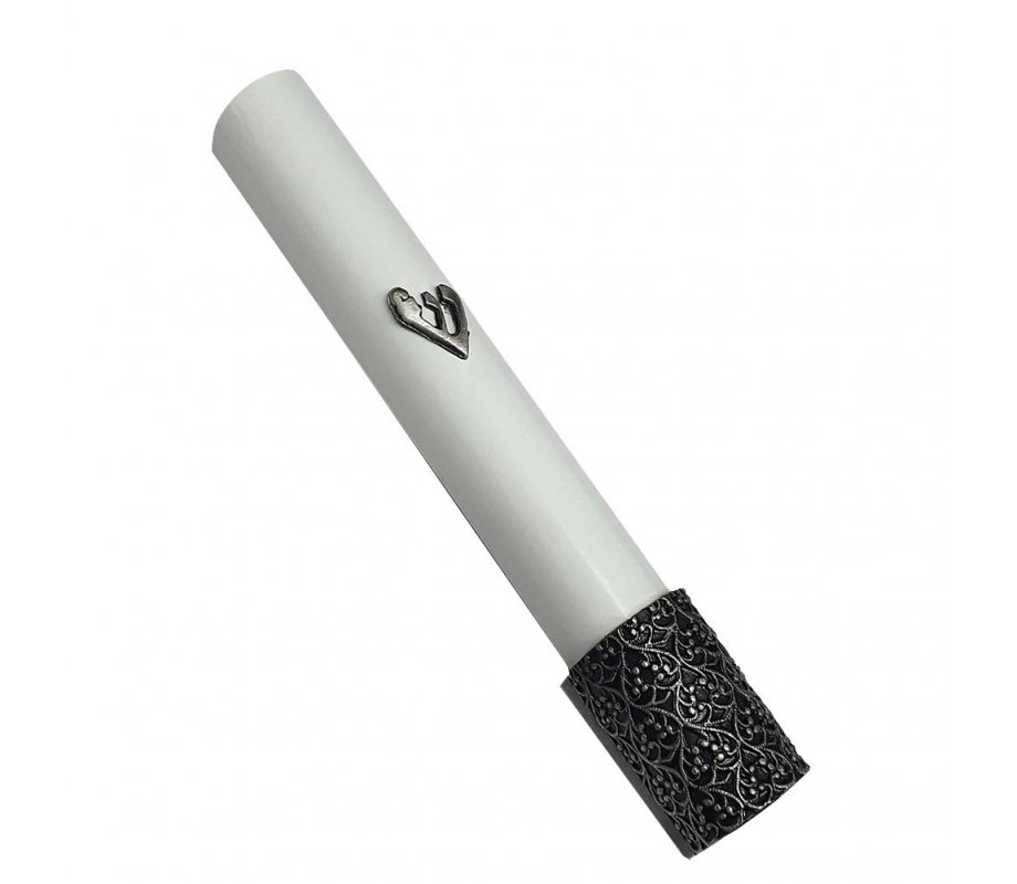 Mezuzah Case of Rounded White Wood with Shin and Filigree Design in Silver Pewter