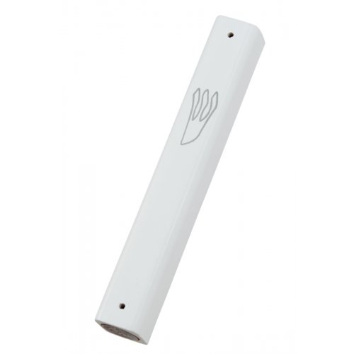 Mezuzah Case of Rounded White Wood with Silver Shin Outline