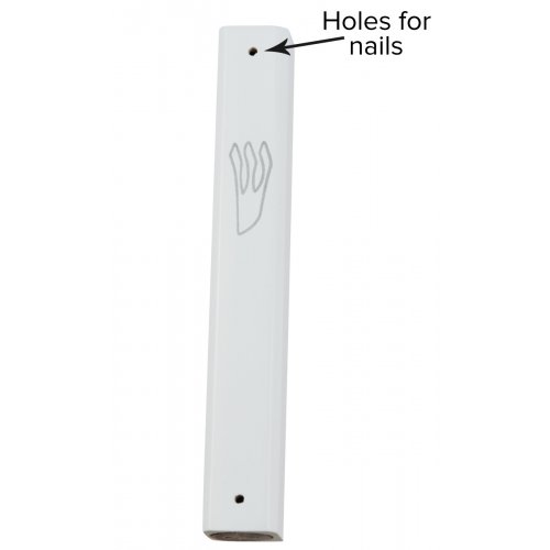 Mezuzah Case of Rounded White Wood with Silver Shin Outline