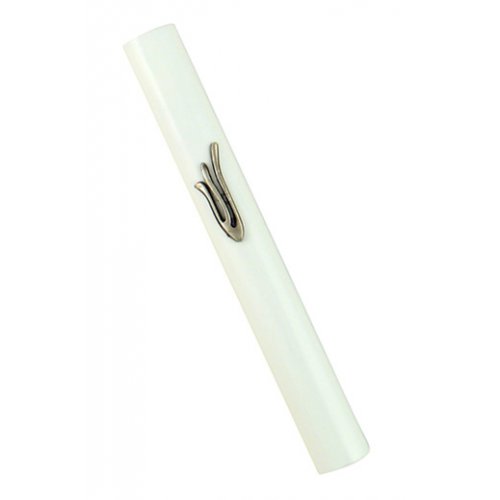 Mezuzah Case of Rounded White Wood with a Silver Pewter Shin in a Flame Image