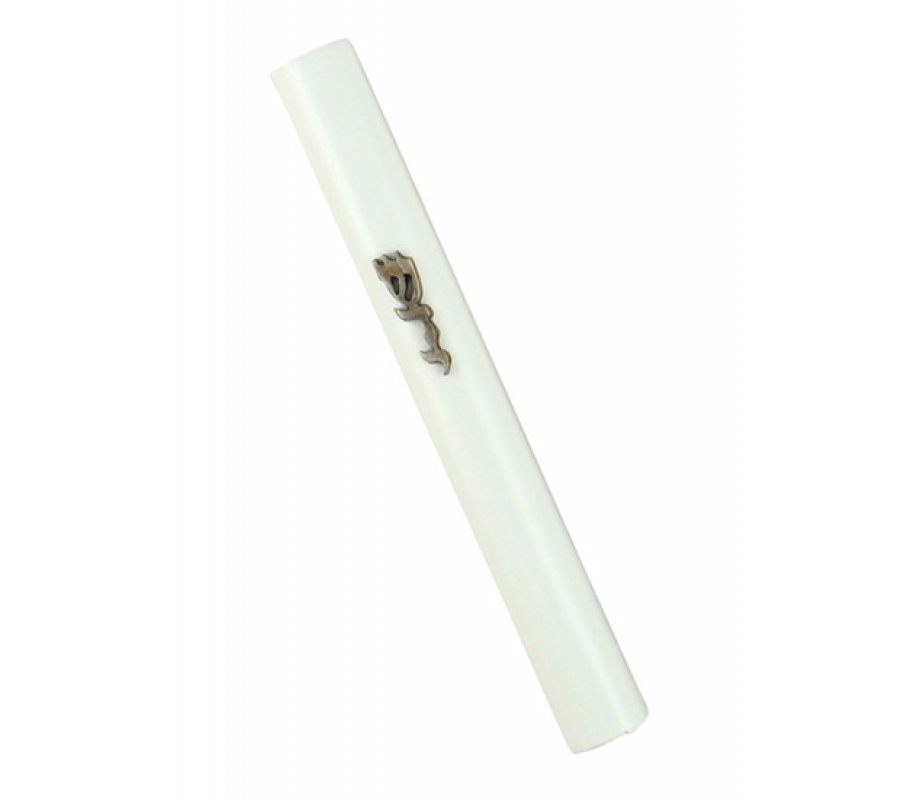 Mezuzah Case of Rounded White Wood with the Divine Name in Silver Pewter
