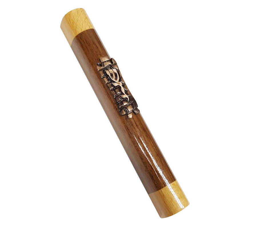 Mezuzah Case of Two Tone Brown Wood with Bronze Pewter Western Wall and Divine Name