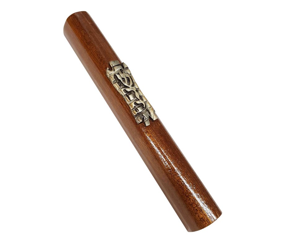 Mezuzah Case of Two Tone Brown Wood with Bronze Pewter Western Wall and Divine Name