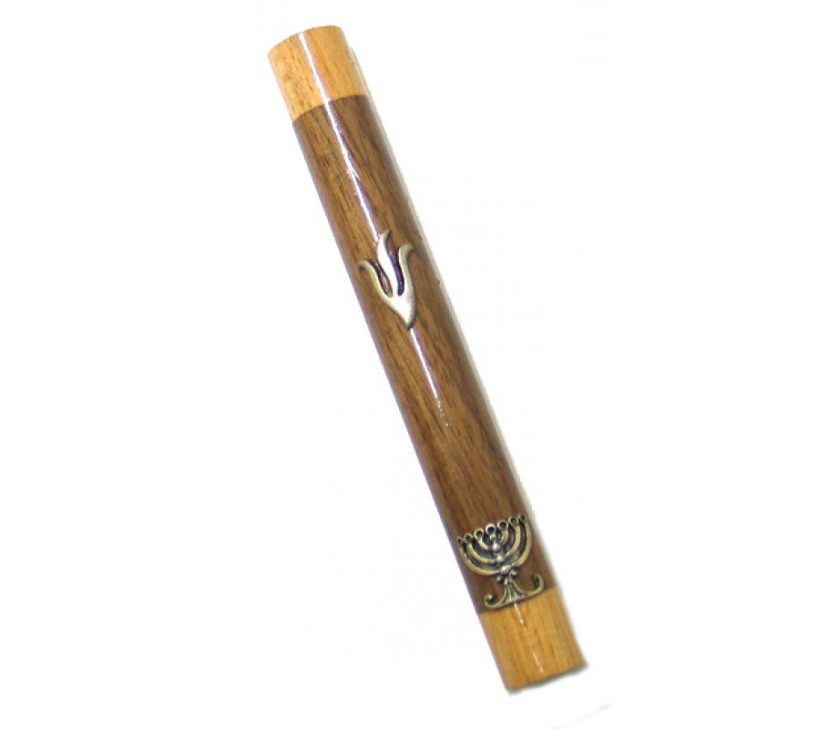 Mezuzah Case of Two Tone Brown Wood with Shin and Menorah Image in Silver Pewter