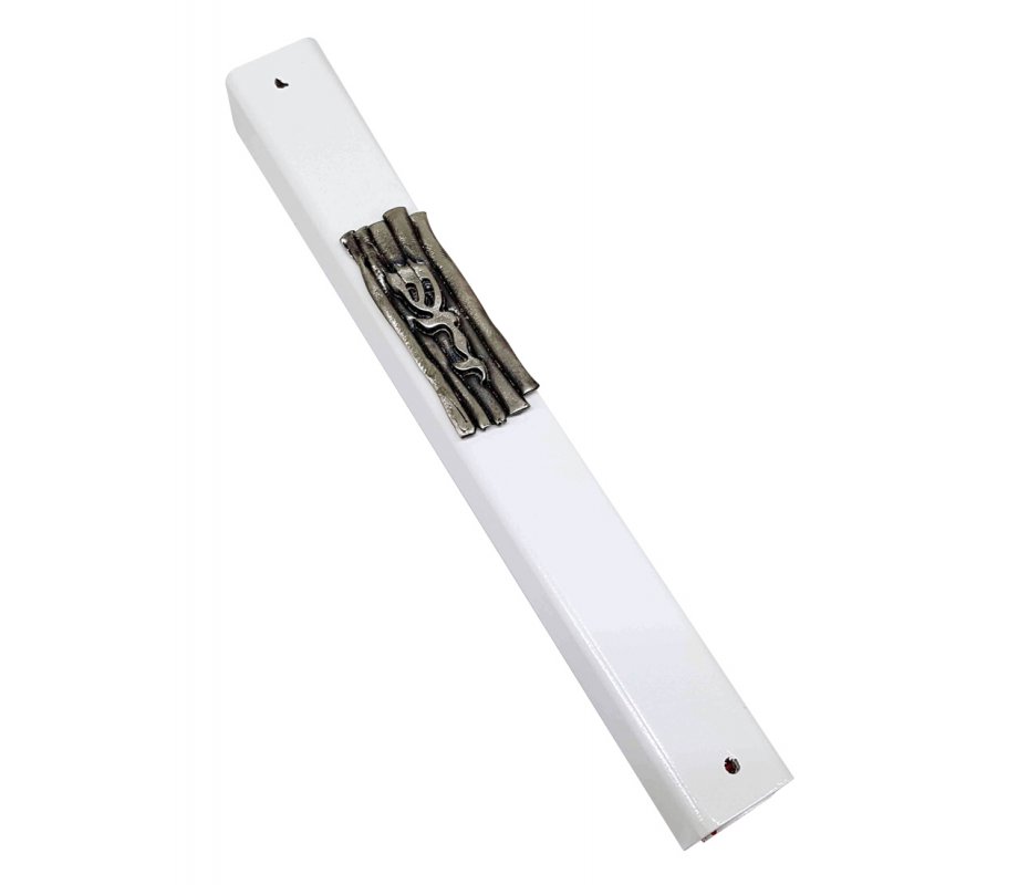 Mezuzah Case of White Wood, Striped Pewter Plaque with Divine Name