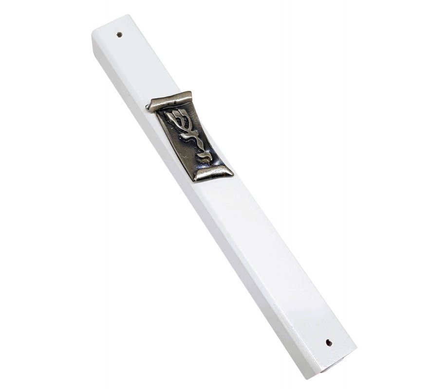Mezuzah Case of White Wood with Divine Name on Pewter Plaque in Scroll Image