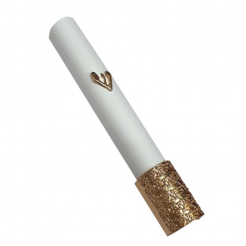Mezuzah Case of White Wood with Gold Pewter Shin and Filigree Design at the Base