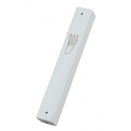 Mezuzah Case of White Wood with Gold Shin Outline
